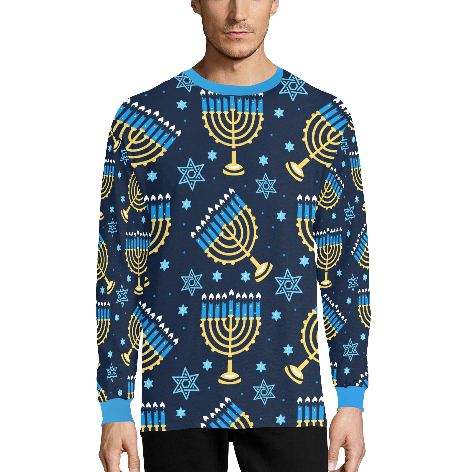 Hanukkah Menorah Men's Pajama Top with Custom Cuff