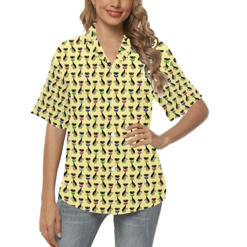 Black Cats Wearing Bow Ties - Yellow All Over Print Hawaiian Shirt for Women (Model T58)