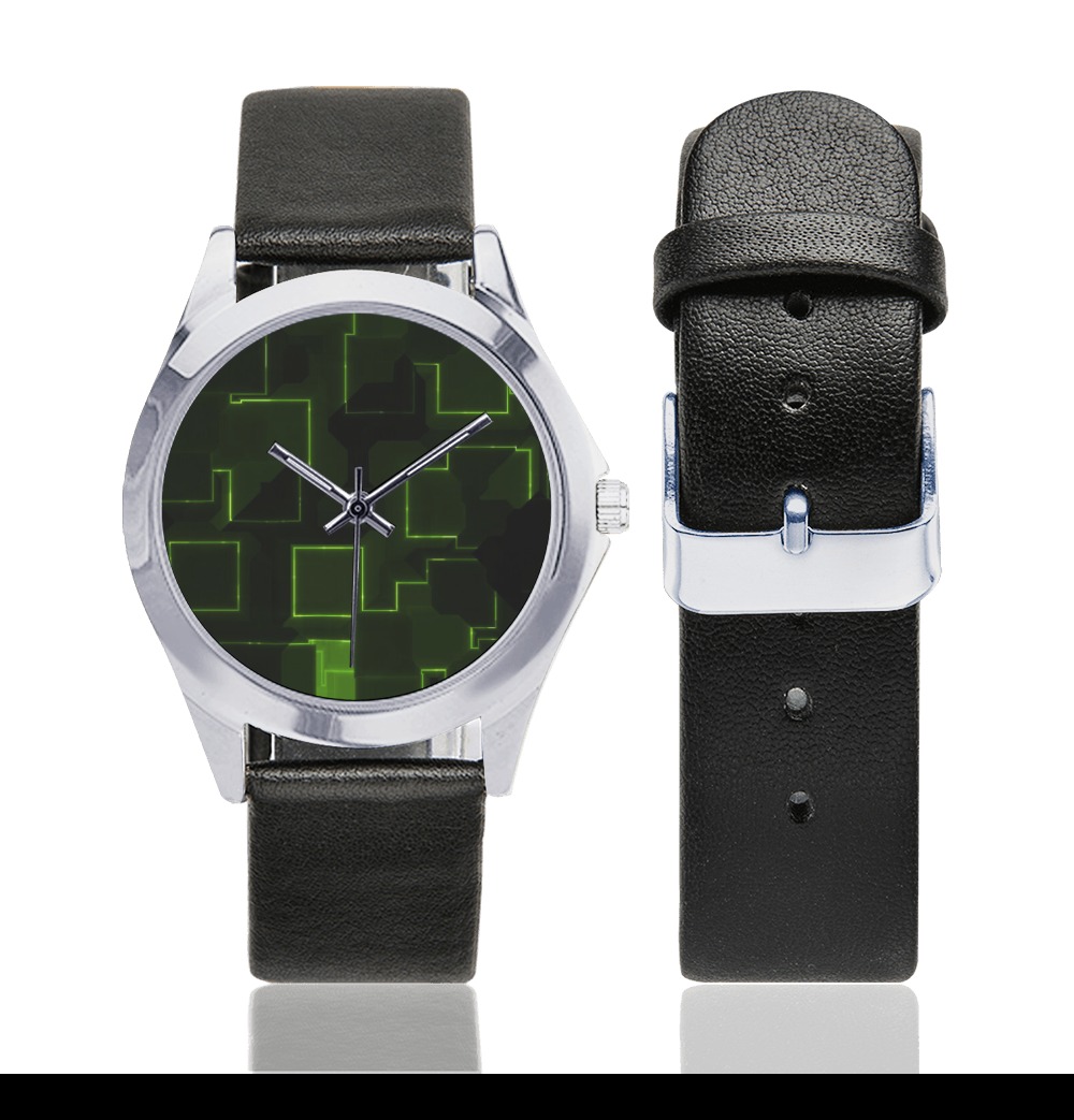 neon grid Unisex Silver-Tone Round Leather Watch (Model 216)