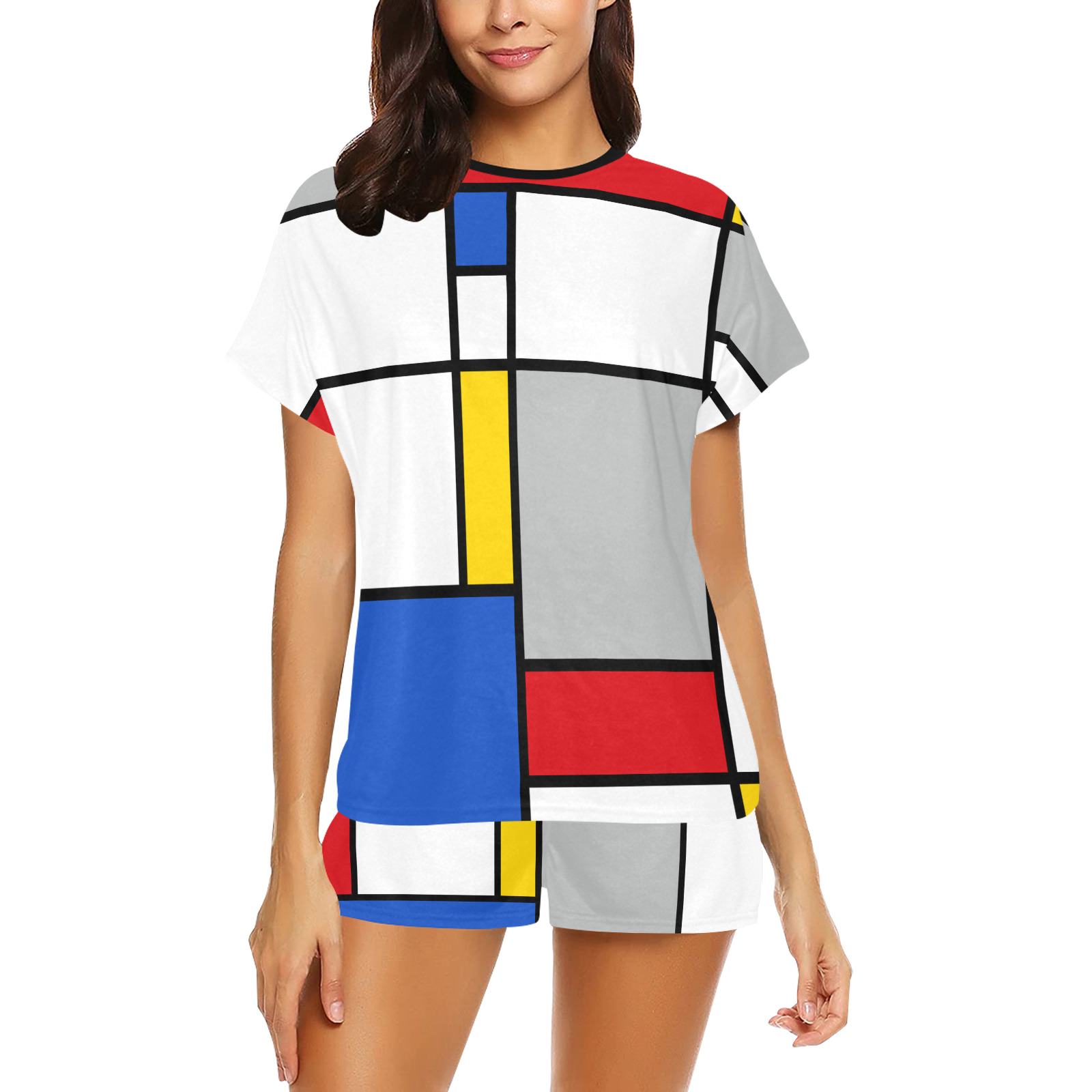 Geometric Retro Mondrian Style Color Composition Women's Short Pajama Set