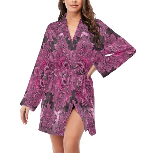 Pink Azalea Bushes Frost Fractal Women's Long Sleeve Belted Night Robe