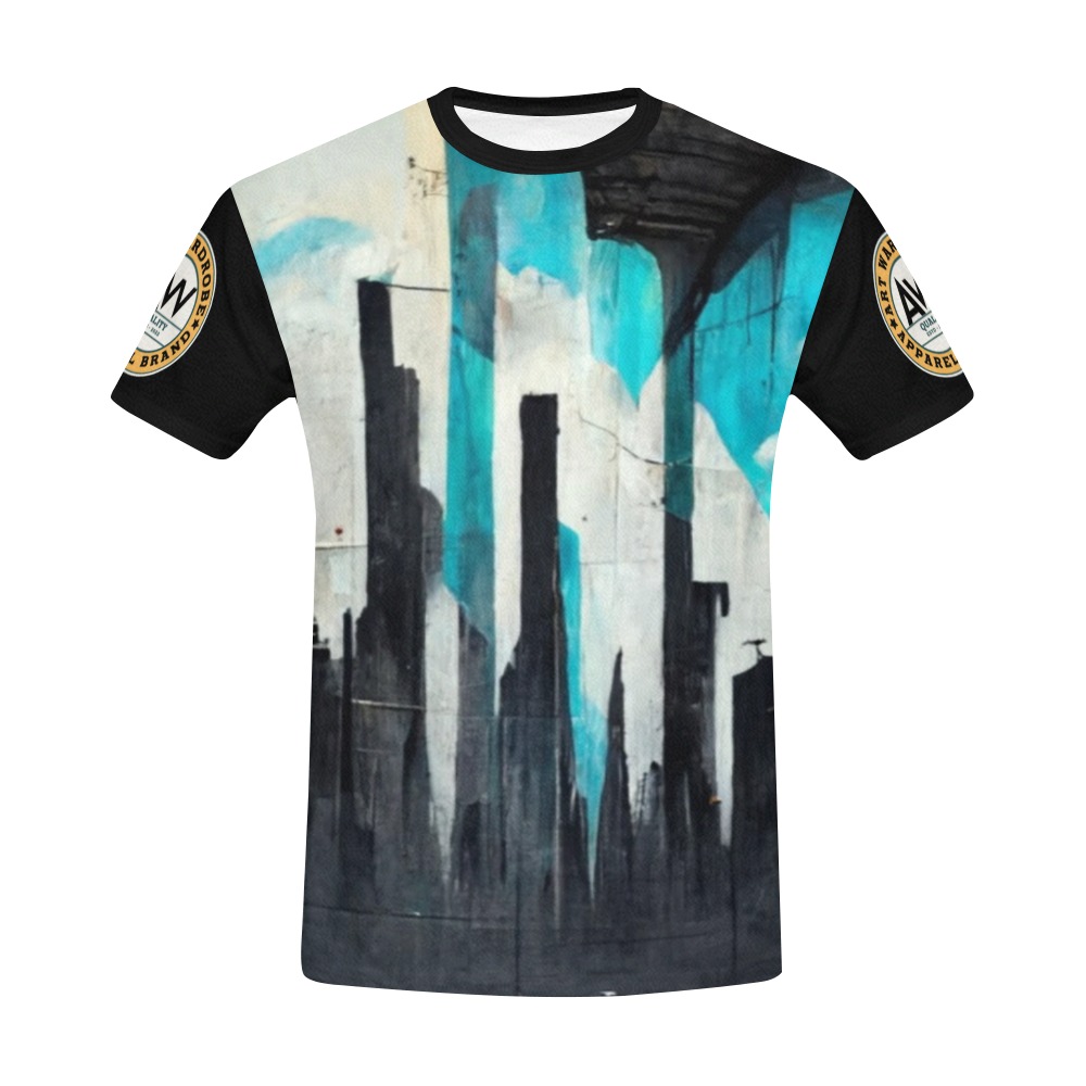 graffiti buildings black white and turquoise 1 All Over Print T-Shirt for Men (USA Size) (Model T40)