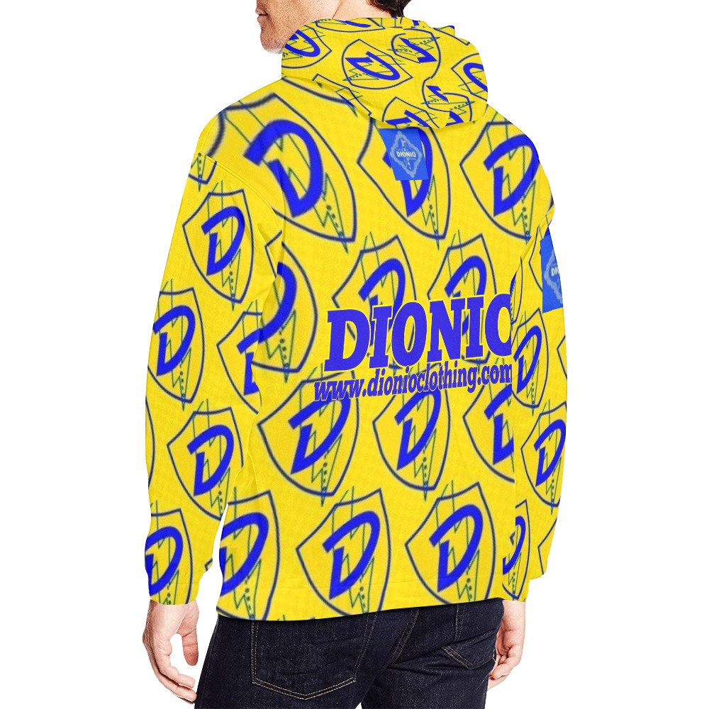 DIONIO Clothing - Yellow & Blue D Shield Repeat Hoodie (Big D Shield Logo) All Over Print Hoodie for Men (USA Size) (Model H13)