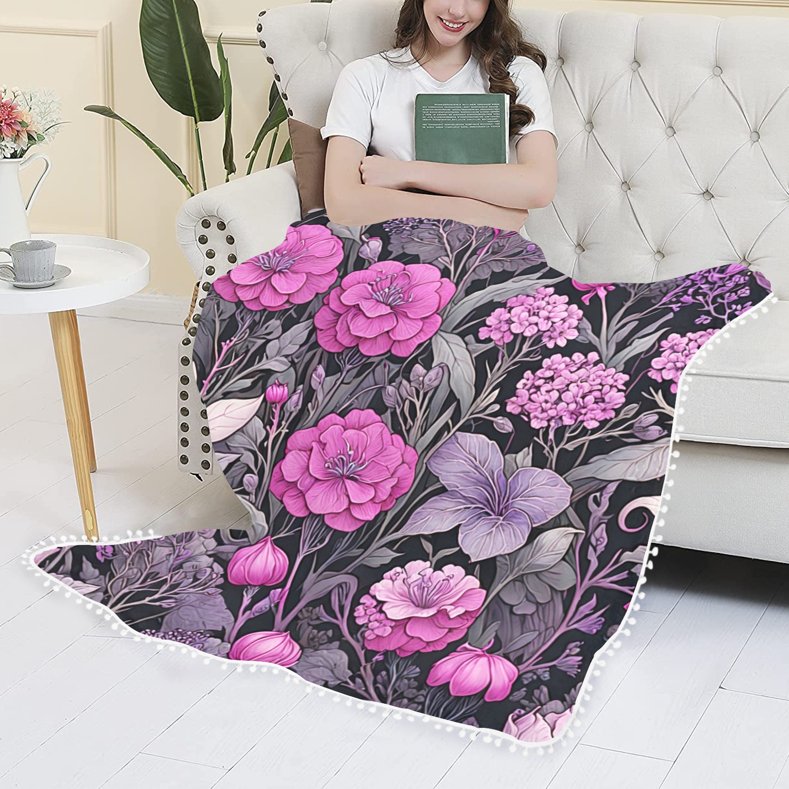 Fabulous Florals 40 Pom Pom Fringe Blanket 60"x80"