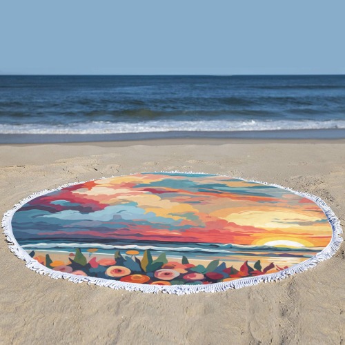 Ocean sunset, dramatic clouds, colorful flowers. Circular Beach Shawl Towel 59"x 59"