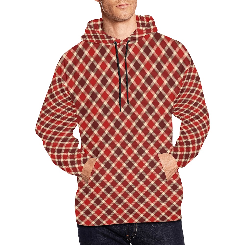 Burgundy Red Plaid All Over Print Hoodie for Men (USA Size) (Model H13)