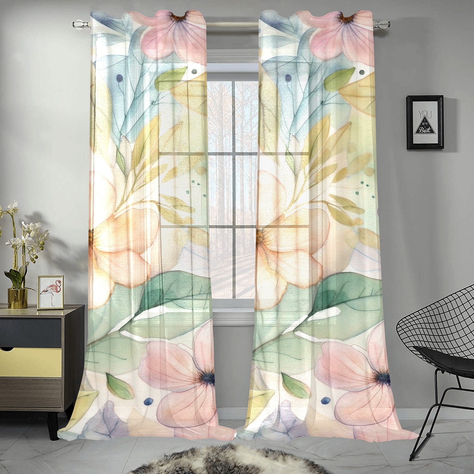 Watercolor Floral 1 Gauze Curtain 28"x95" (Two-Piece)