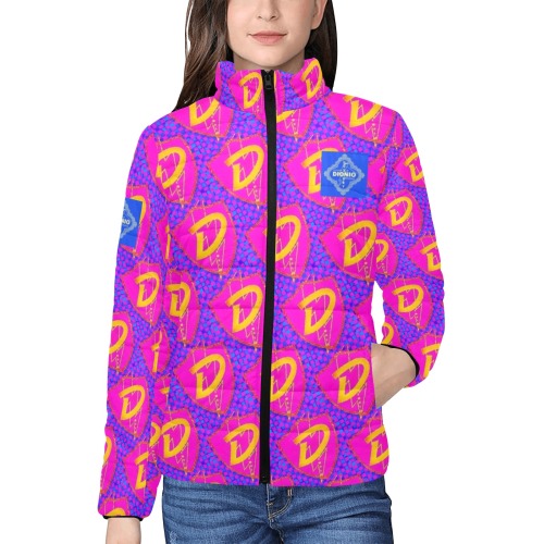 DIONIO Clothing - Women's Collar Jacket ( Pink Grand Prix Logo) Women's Stand Collar Padded Jacket (Model H41)