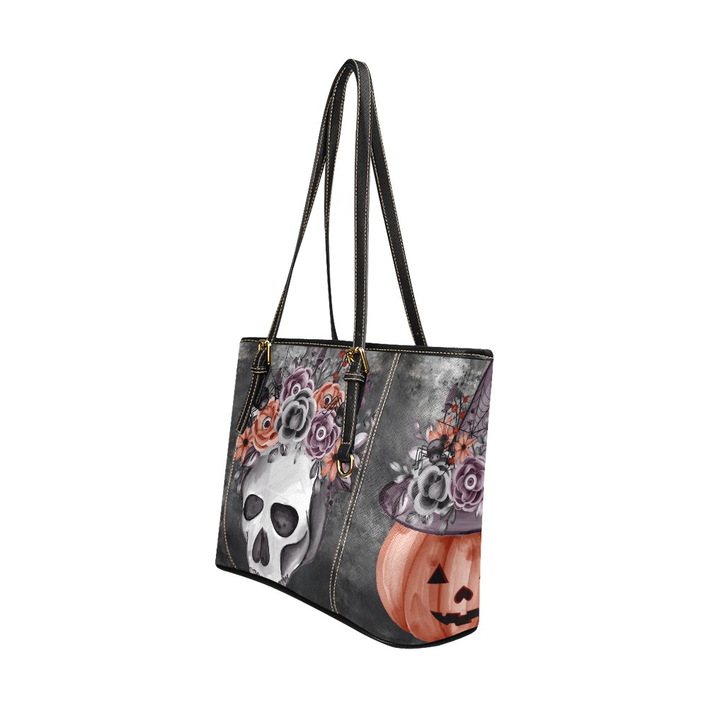 Skull Pumpkin Leather Tote Gray Leather Tote Bag/Large (Model 1640)