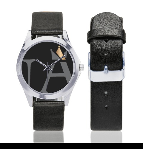 MONARCH Black and Gold Unisex Silver-Tone Round Leather Watch (Model 216)