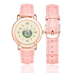 El Salvador Flag Icon Mixed Numbers Women's Rose Gold Leather Strap Watch(Model 201)
