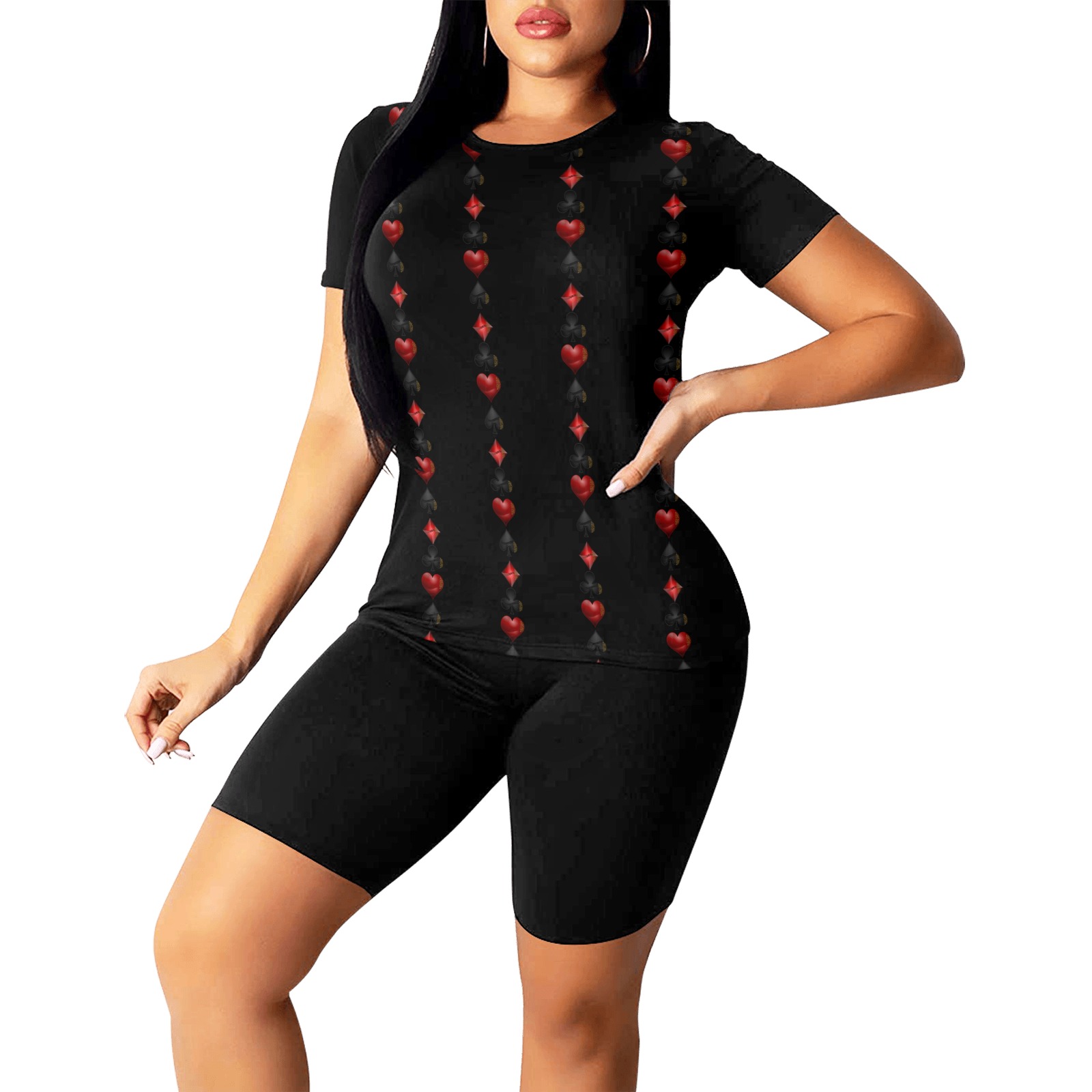 Black and Red Casino Card Shapes on Black Women's Short Yoga Set
