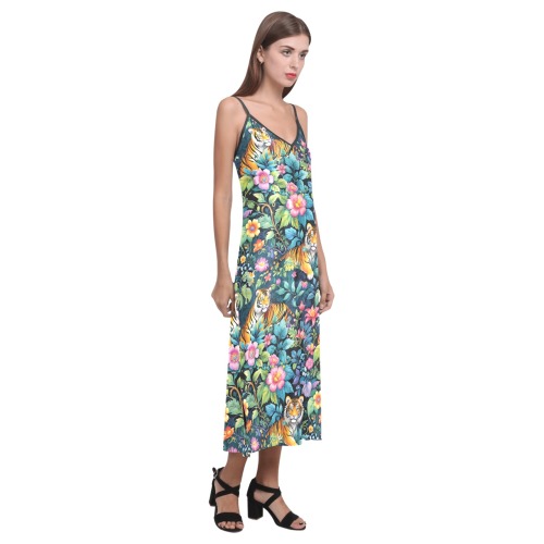 Jungle Tigers and Tropical Flowers Pattern V-Neck Open Fork Long Dress(Model D18)