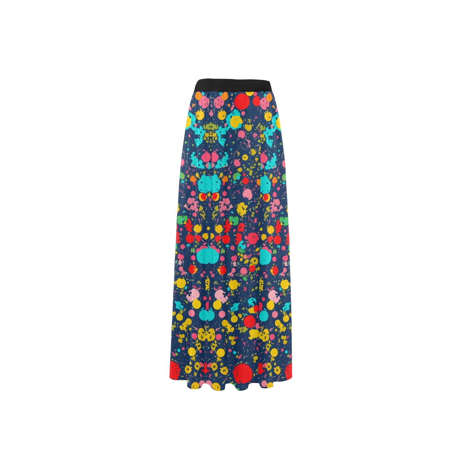Yellow, red, and turquoise dots on navy blue art. High Slit Long Beach Dress (Model S40)