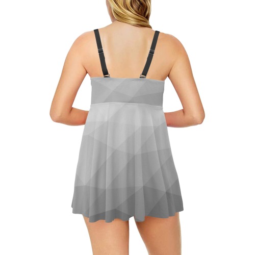 Grey Gradient Geometric Mesh Pattern Chest Pleat Swim Dress (Model S31)