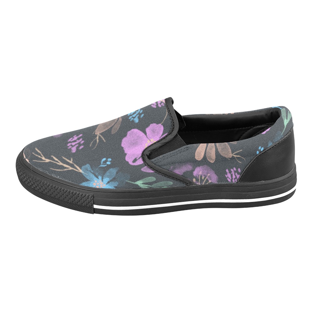 Watercolor Flowers on Dark Gray Women's Slip-on Canvas Shoes (Model 019)