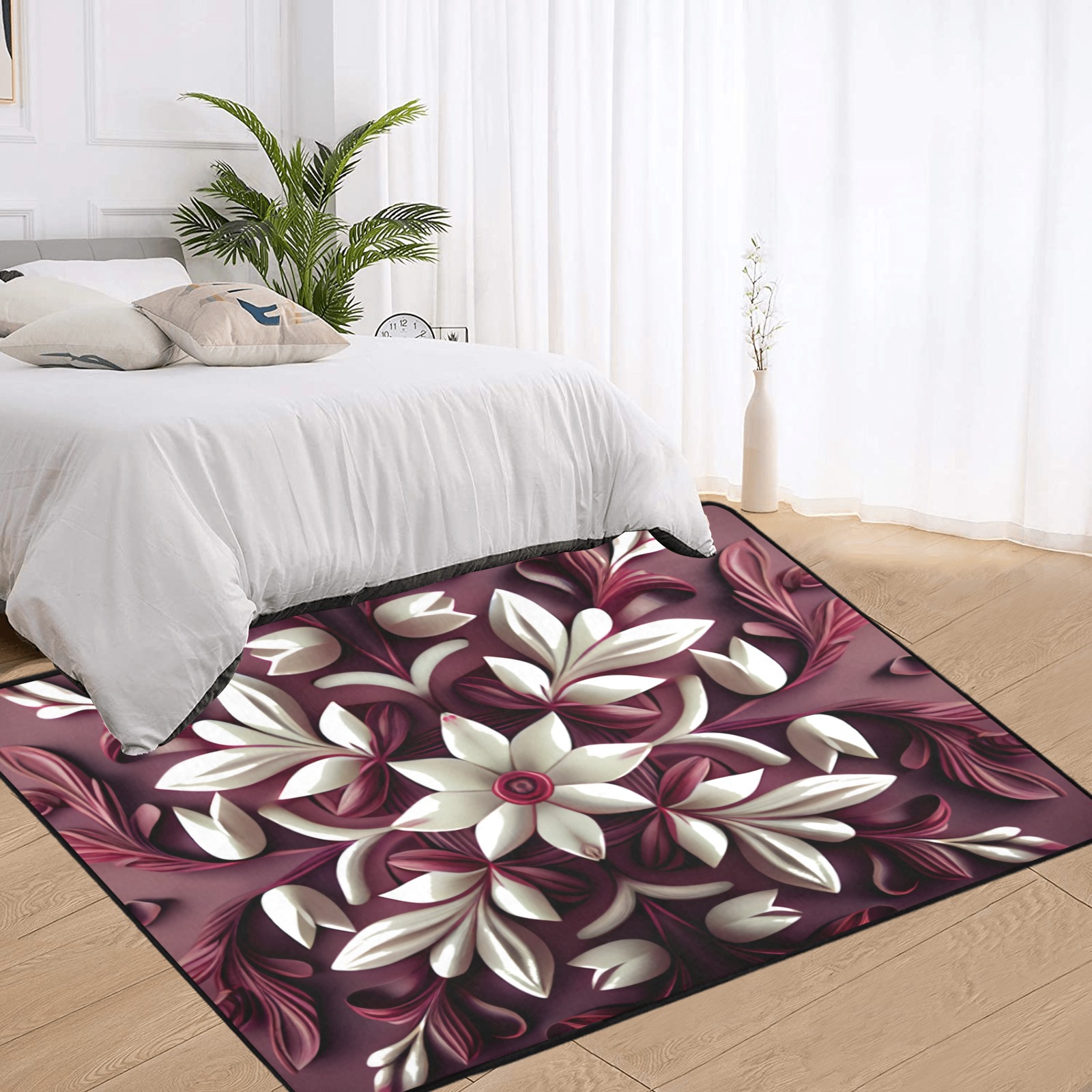burgundy and white floral pattern Area Rug with Black Binding 7'x5'