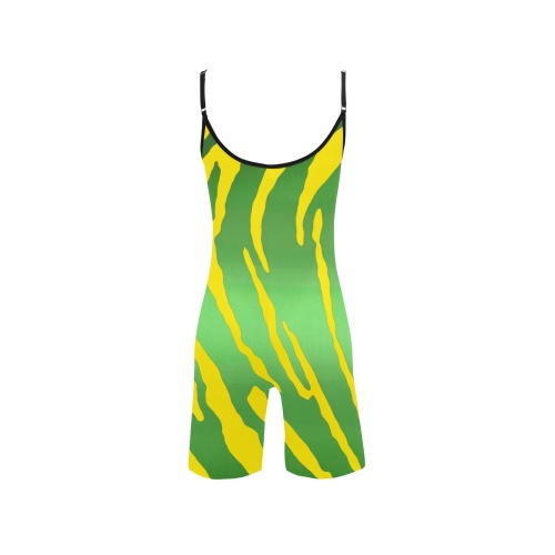 Metallic Tiger Stripes Green Yellow Women's Short Yoga Bodysuit