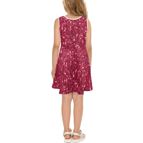 Magenta dark pink red faux sparkles glitter Girls' Sleeveless Sundress (Model D56)