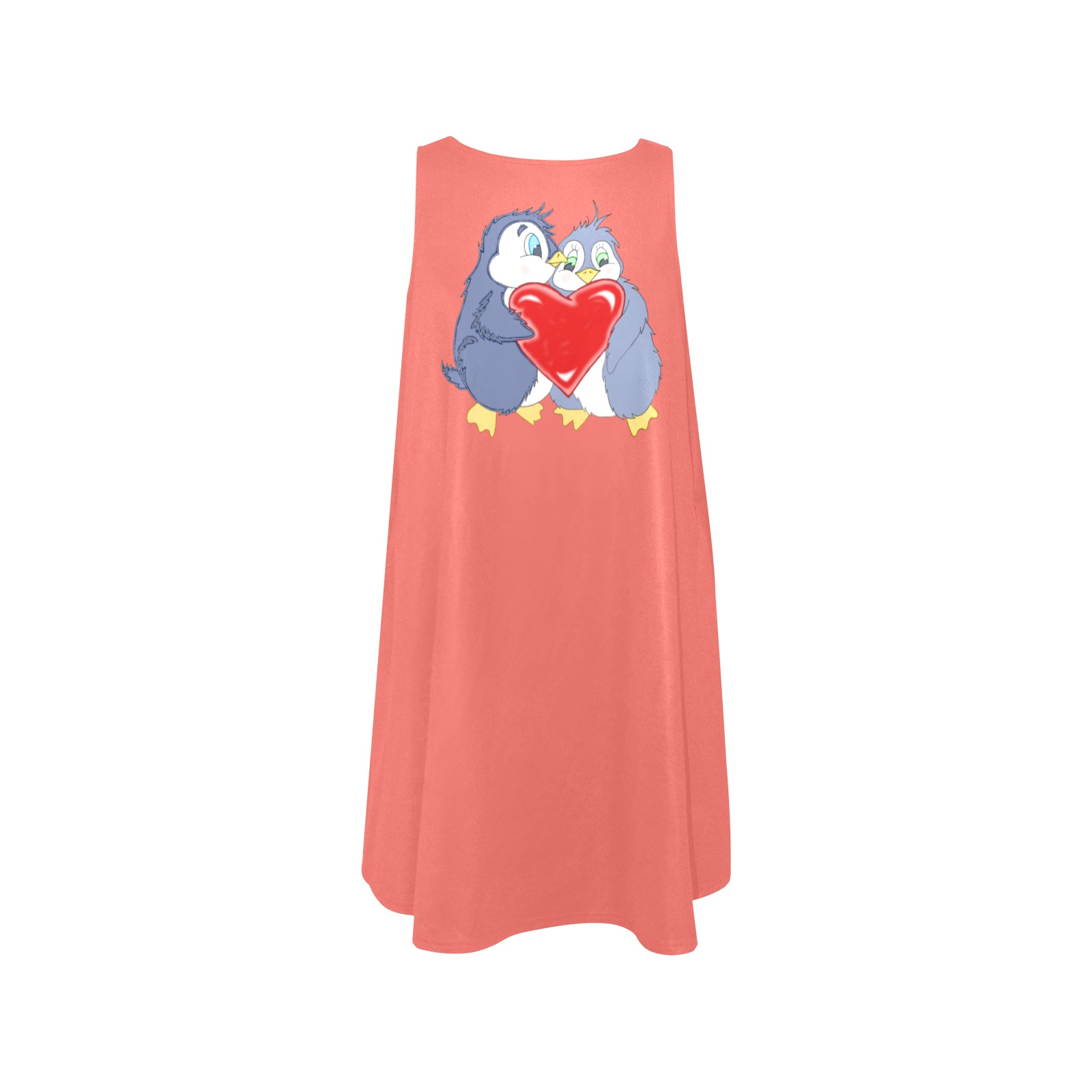 Penguin Love Coral Sleeveless A-Line Pocket Dress (Model D57)