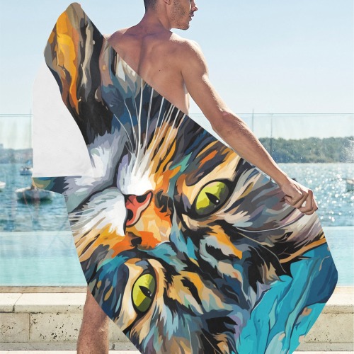 Cute maine coon cat face art, bluish background. Beach Towel 32"x 71"