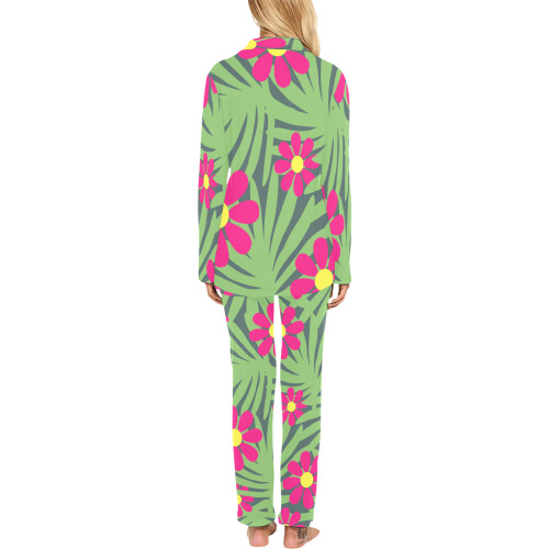 Pink Exotic Paradise Jungle Flowers and Leaves Women's Long Pajama Set