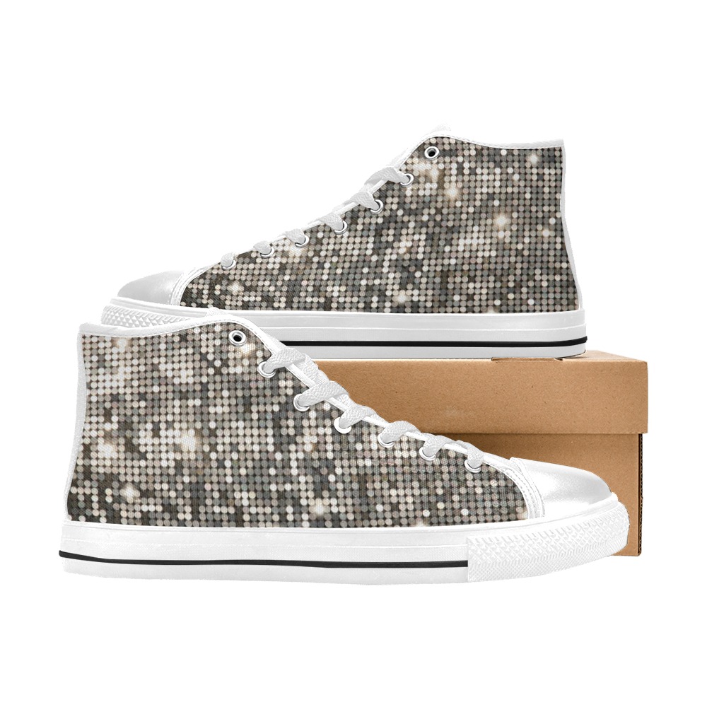 Silver Metallic Glitter Sparkles Sequins High Top Canvas Shoes for Kid (Model 017)