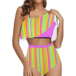 Neon Stripes Tangerine Turquoise Yellow Pink High Waisted Ruffle Bikini Set (Model S13)