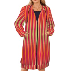 Tribal striped cream orange deep magenta 2 Women's Long Hooded Coat (Model H72)