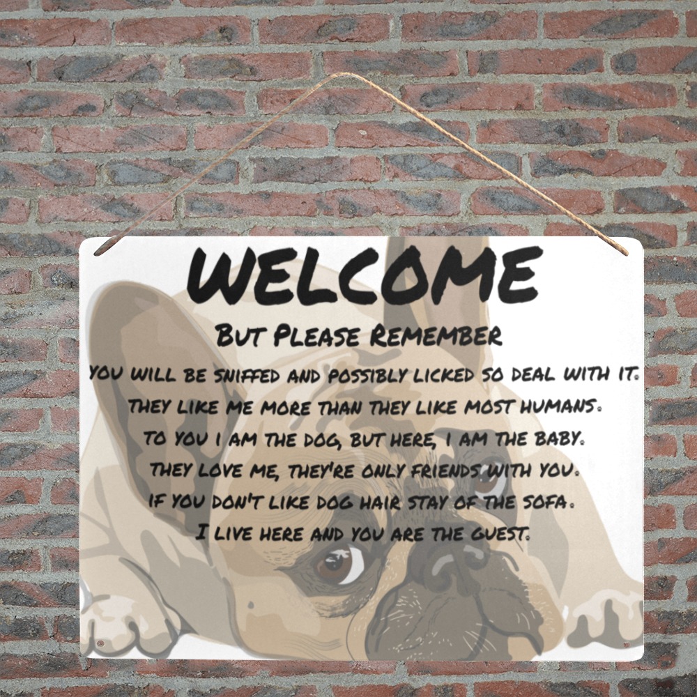 Welcome Pug With Brown Eyes Metal Tin Sign 12"x8"