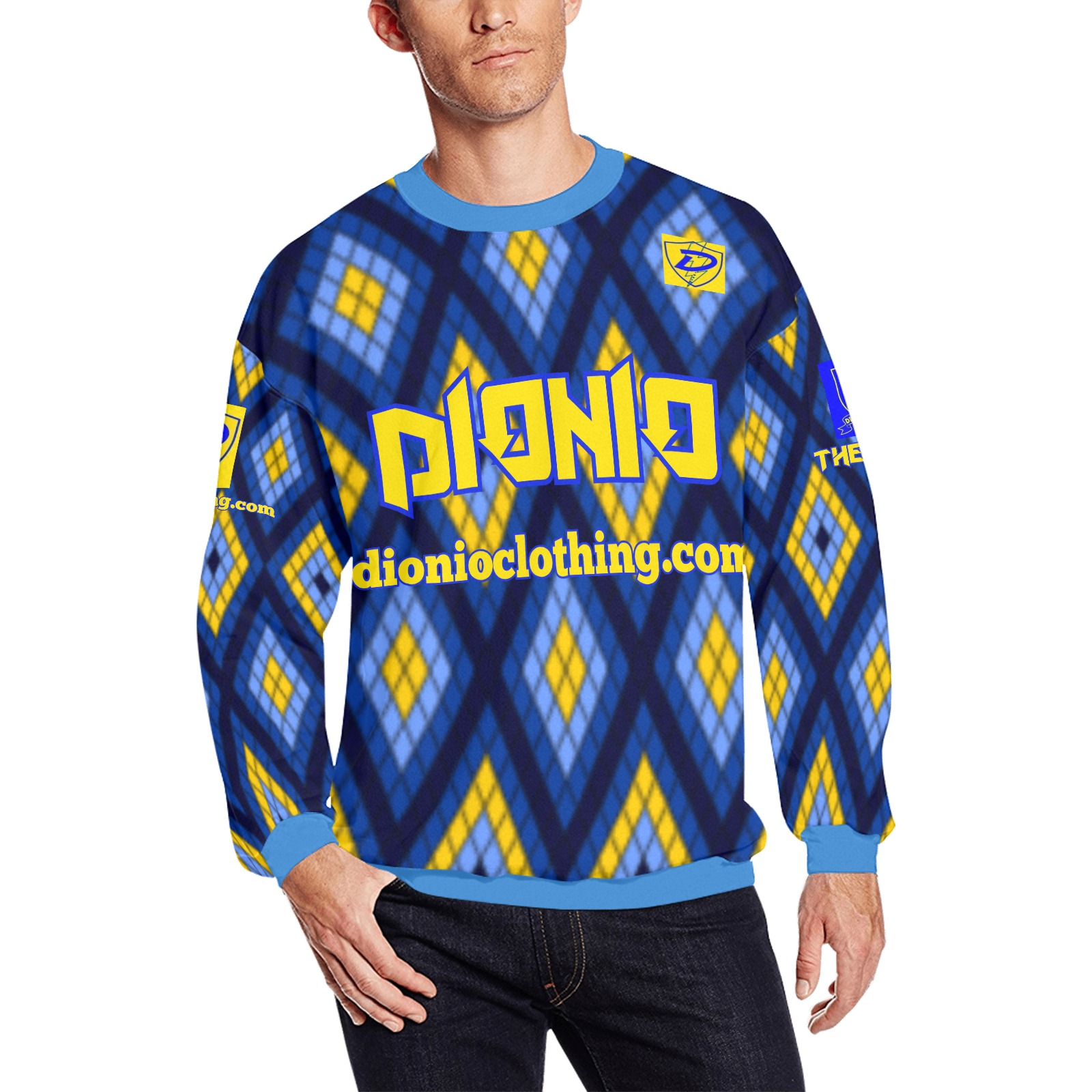 DIONIO Clothing - The Elite Sweatshirt (Blue,Light Blue & Yellow) Men's Oversized Fleece Crew Sweatshirt (Model H18)
