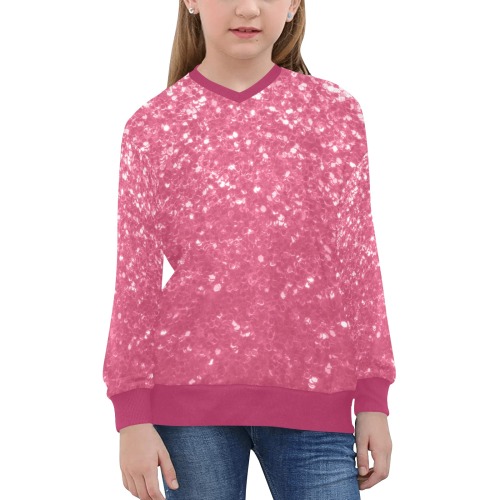 Magenta light pink red faux sparkles glitter Girls' All Over Print V-Neck Sweater (Model H48)