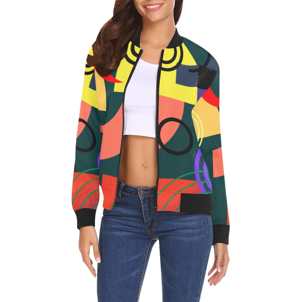 blue, red, and cream marble abstract minimalist canvas print (32) All Over Print Bomber Jacket for Women (Model H19)