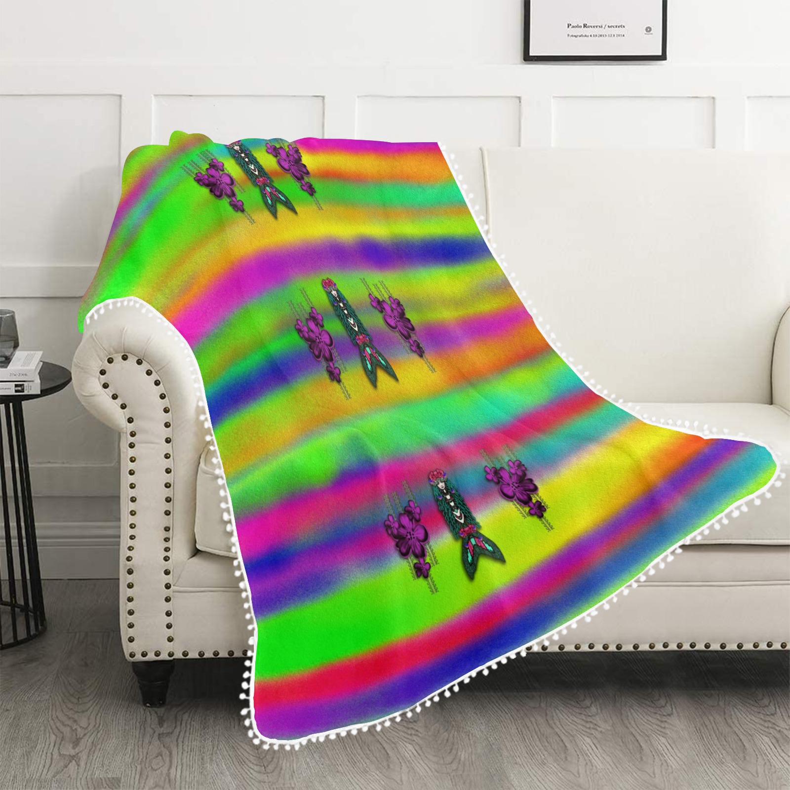 mermaids and unicorn colors for flower joy Pom Pom Fringe Blanket 60"x80"