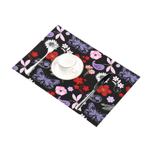 Black, Red, Pink, Purple, Dragonflies, Butterfly and Flowers Design Placemat 12’’ x 18’’ (Six Pieces)