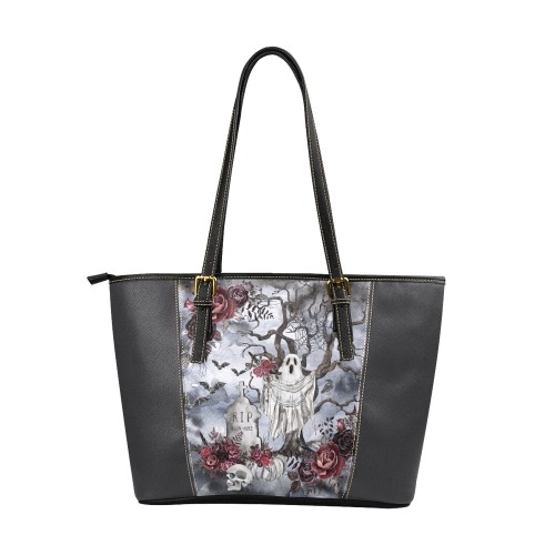 Ghost Rose Leather Tote Gray Leather Tote Bag/Large (Model 1640)
