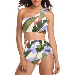Tropical abstract shapes 935 High Waisted One Shoulder Bikini Set (Model S16)