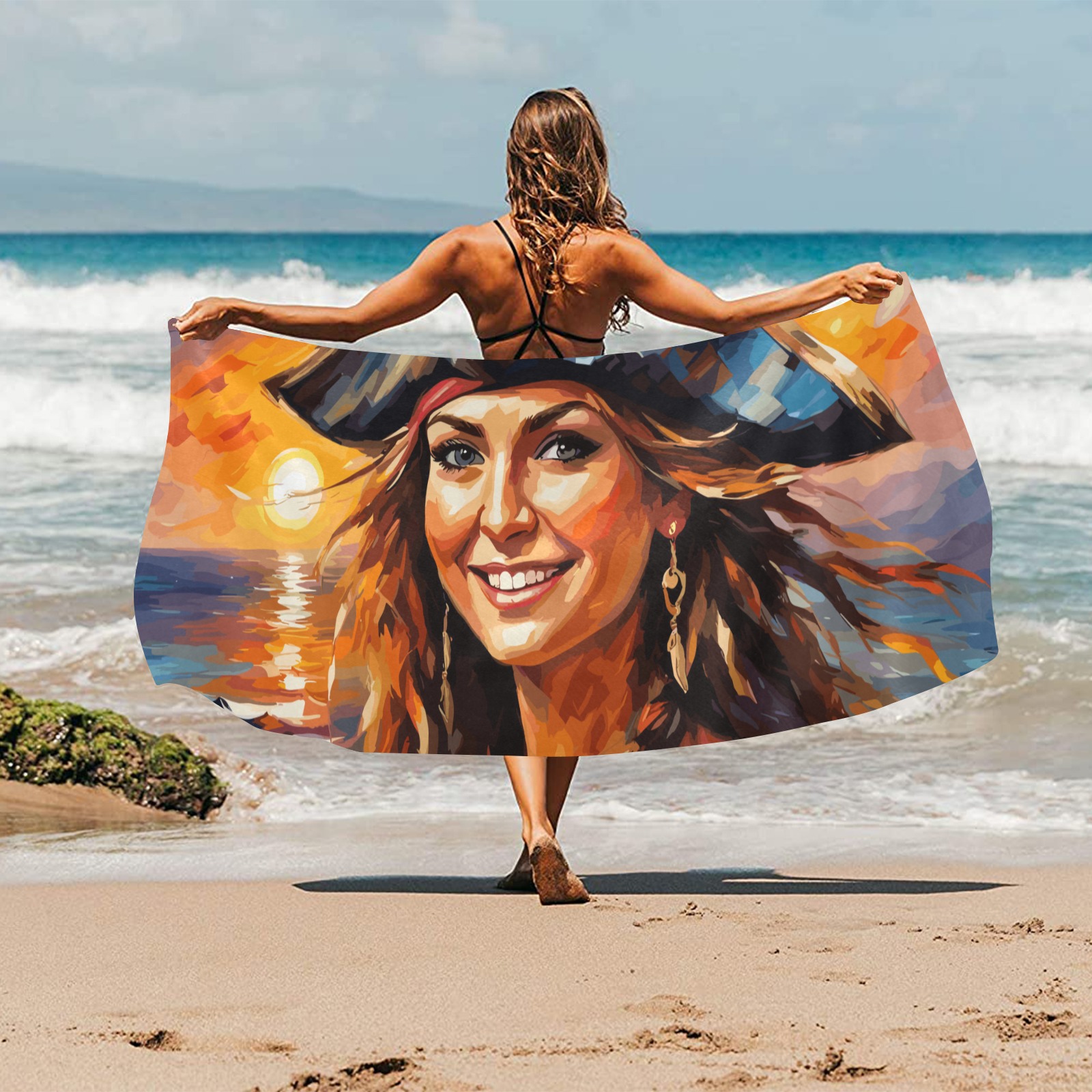 Lovely smiling pirate woman by the sea at sunset. Beach Towel 32"x 71"