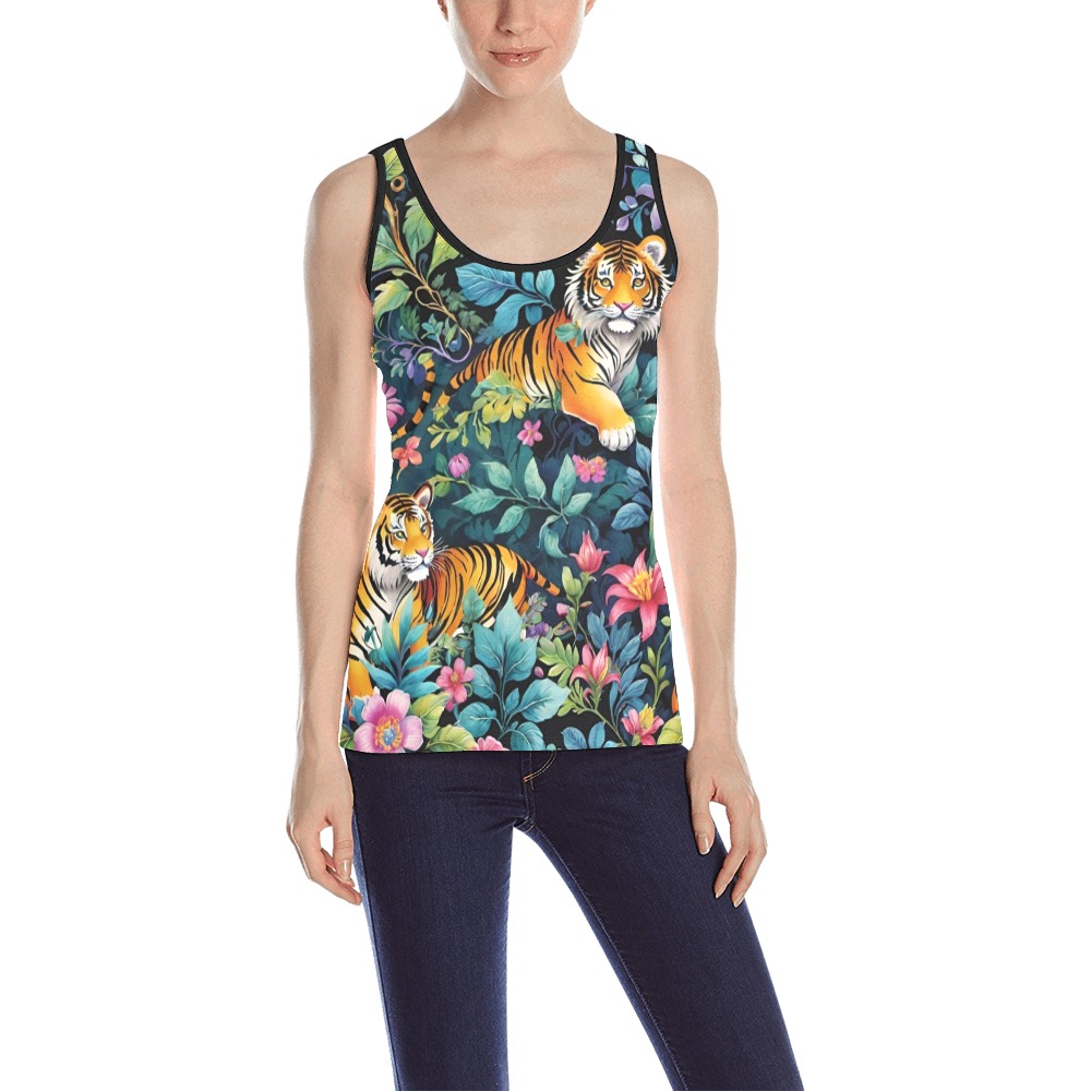 Jungle Tigers and Tropical Flowers Pattern All Over Print Tank Top for Women (Model T43)