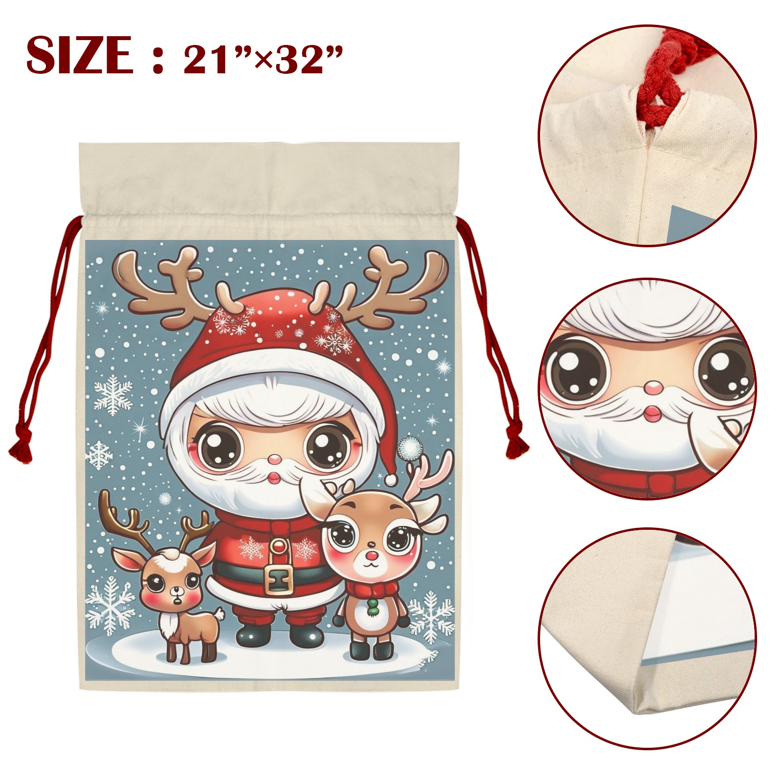 Santa and Reindeer 2 3 Pack Santa Claus Drawstring Bags (One-Sided Printing)