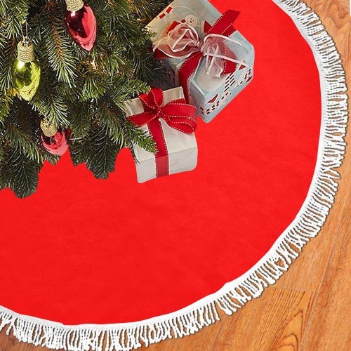 Merry Christmas Red Solid Color Thick Fringe Christmas Tree Skirt 48"x48"