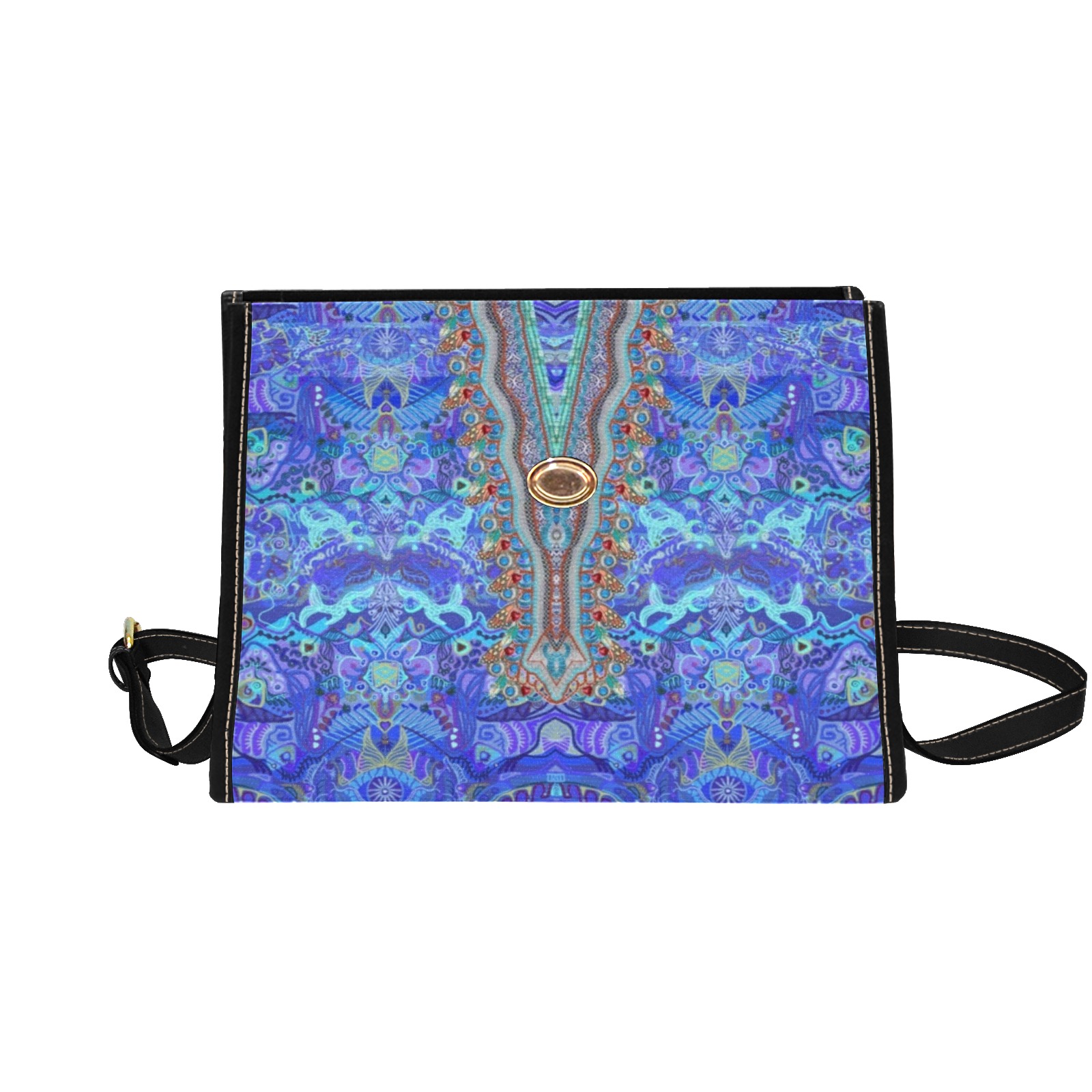 tribal pearls and feathers blue Waterproof Canvas Bag-Black (All Over Print) (Model 1641)