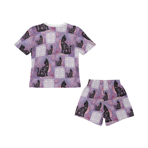 Purple Cosmic Cats Patchwork Pattern Little Girls' Short Pajama Set