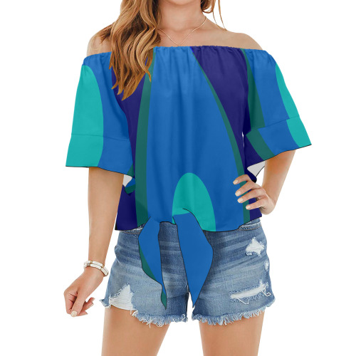Dimensional Blue Abstract 915 Off Shoulder Knot Front Blouse (Model T71)