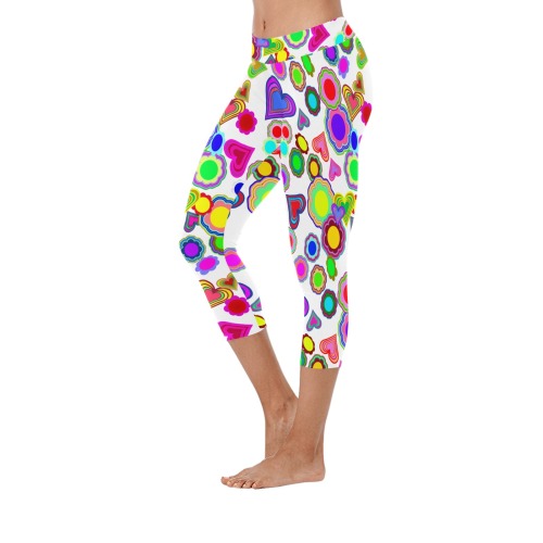 Groovy Hearts and Flowers White Women's Low Rise Capri Leggings (Invisible Stitch) (Model L08)