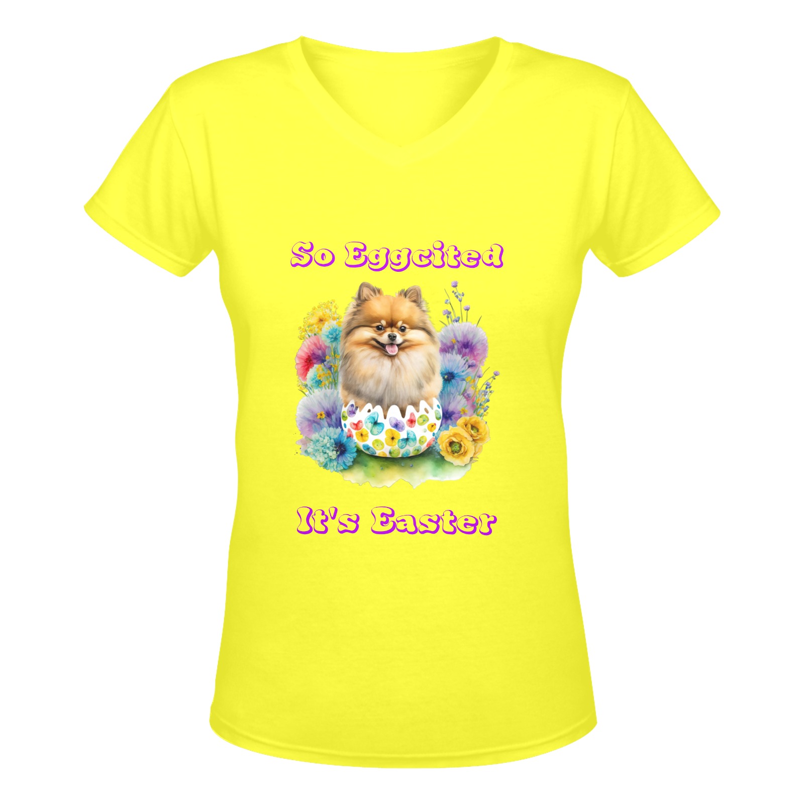 Pomeranian So Eggcited It's Easter (Y) Women's Deep V-neck T-shirt (Model T19)