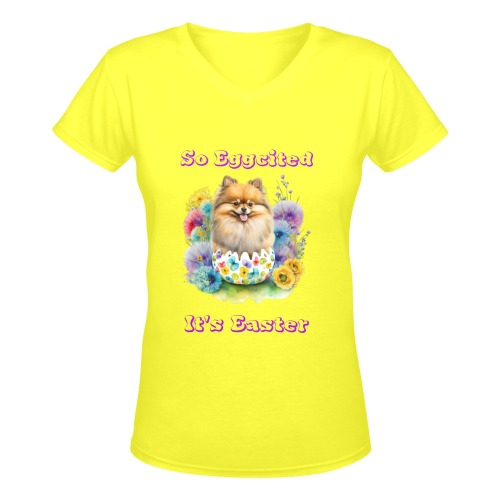 Pomeranian So Eggcited It's Easter (Y) Women's Deep V-neck T-shirt (Model T19)