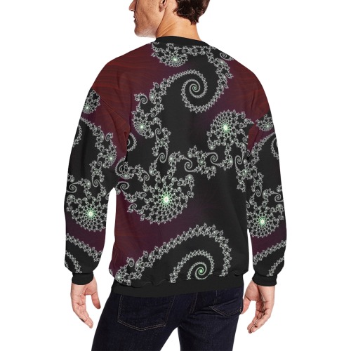 Black and White Lace on Maroon Velvet Fractal Abstract All Over Print Crewneck Sweatshirt for Men (Model H18)