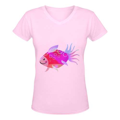Pink Aquarium Fancy Fish Cartoon Women's Deep V-neck T-shirt (Model T19)