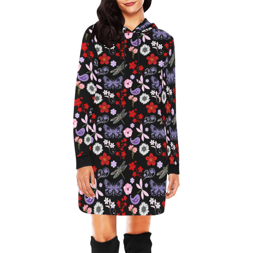 Black, Red, Pink, Purple, Dragonflies, Butterfly and Flowers Design All Over Print Hoodie Mini Dress (Model H27)